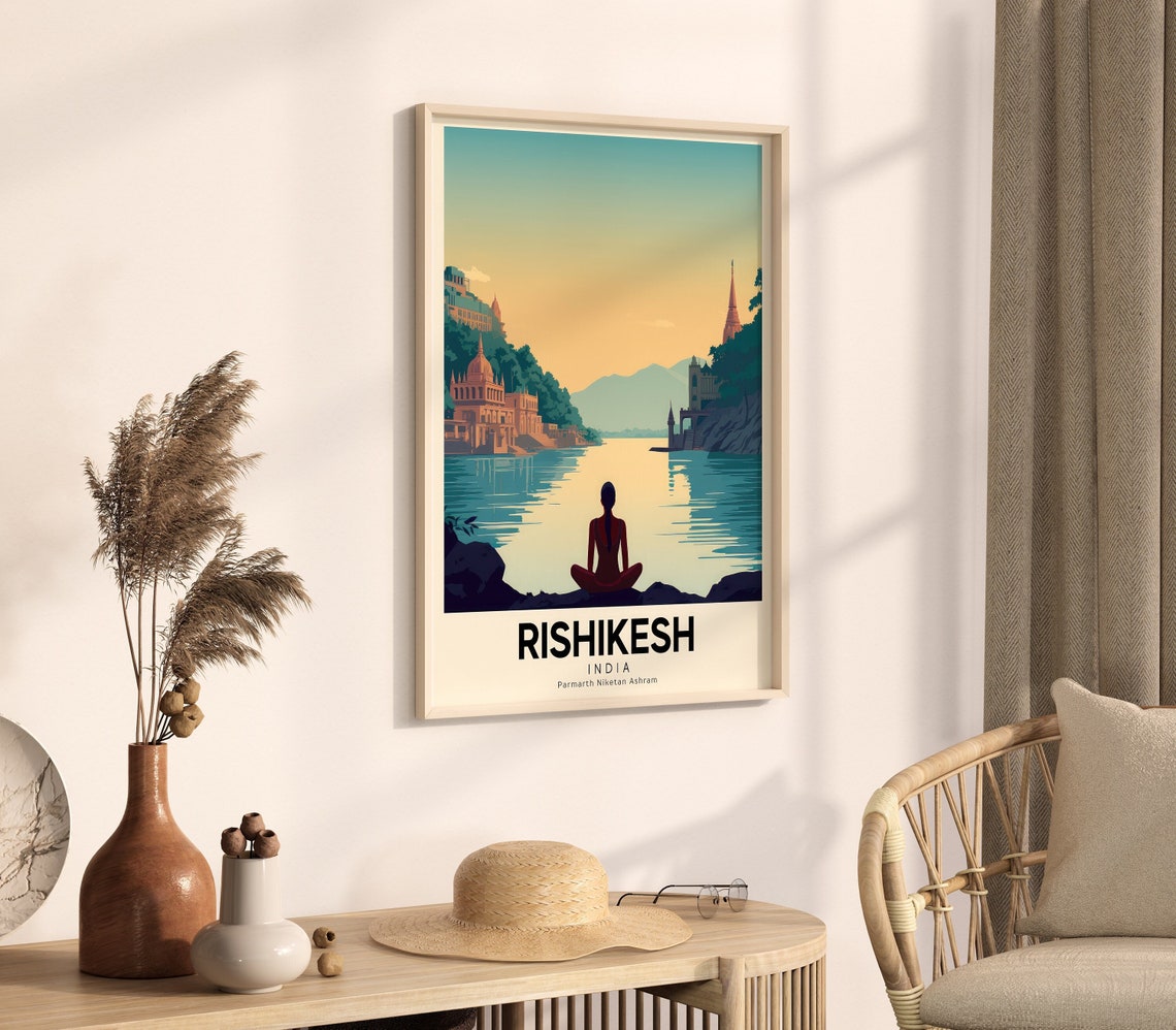 Rishikesh India Yoga Meditation Sunset Vintage Travel Poster