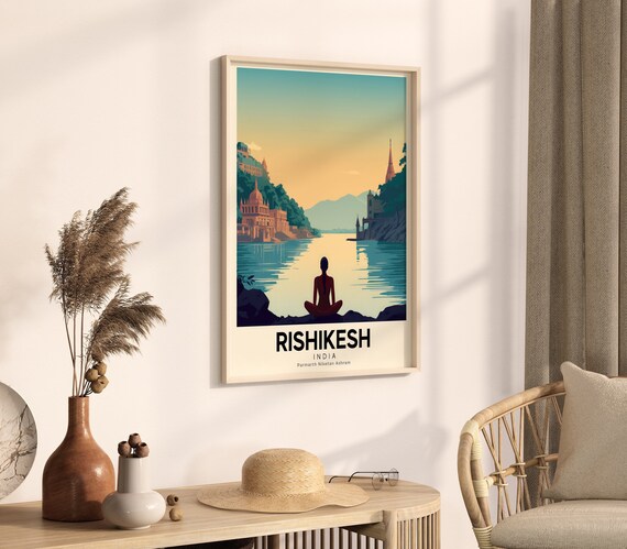 Rishikesh India Yoga Meditation Sunset Vintage Travel Poster