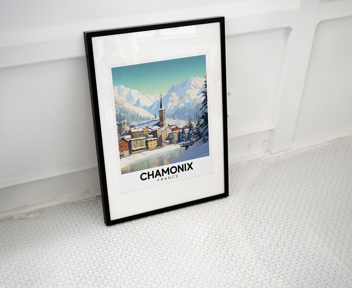 Chamonix France Snowy Alpine Village Church Vintage Ski Travel Poster - Image 2