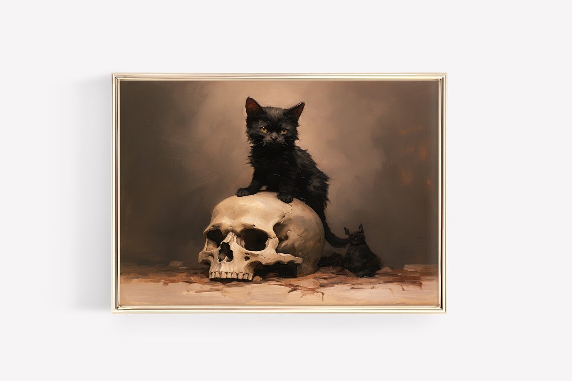 Black Kitten Sitting on Skull Moody Vintage Halloween Poster - Image 2