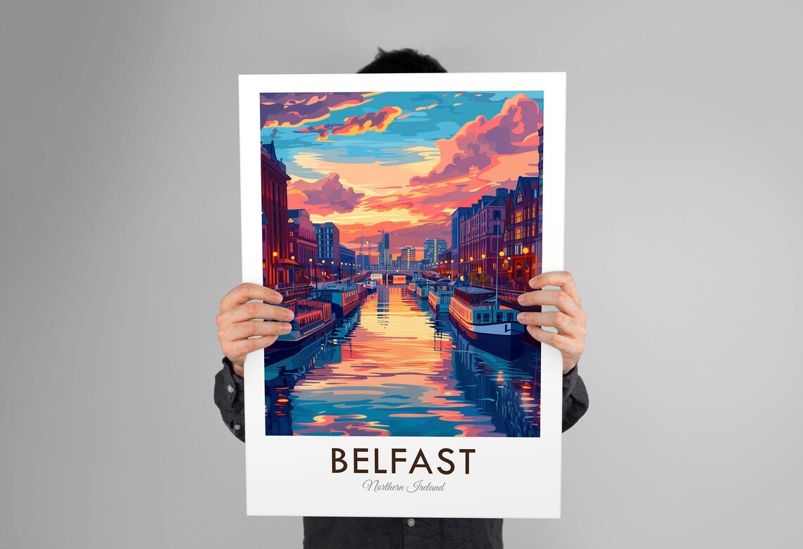 Belfast Northern Ireland Sunset River Boats City Lights Travel Poster - Image 3