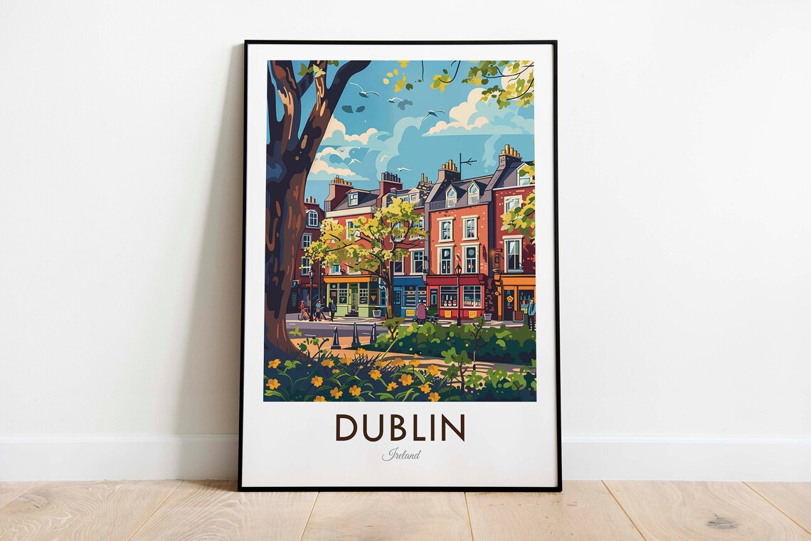Dublin Ireland Sunny Park Blooming Flowers City Houses Travel Poster