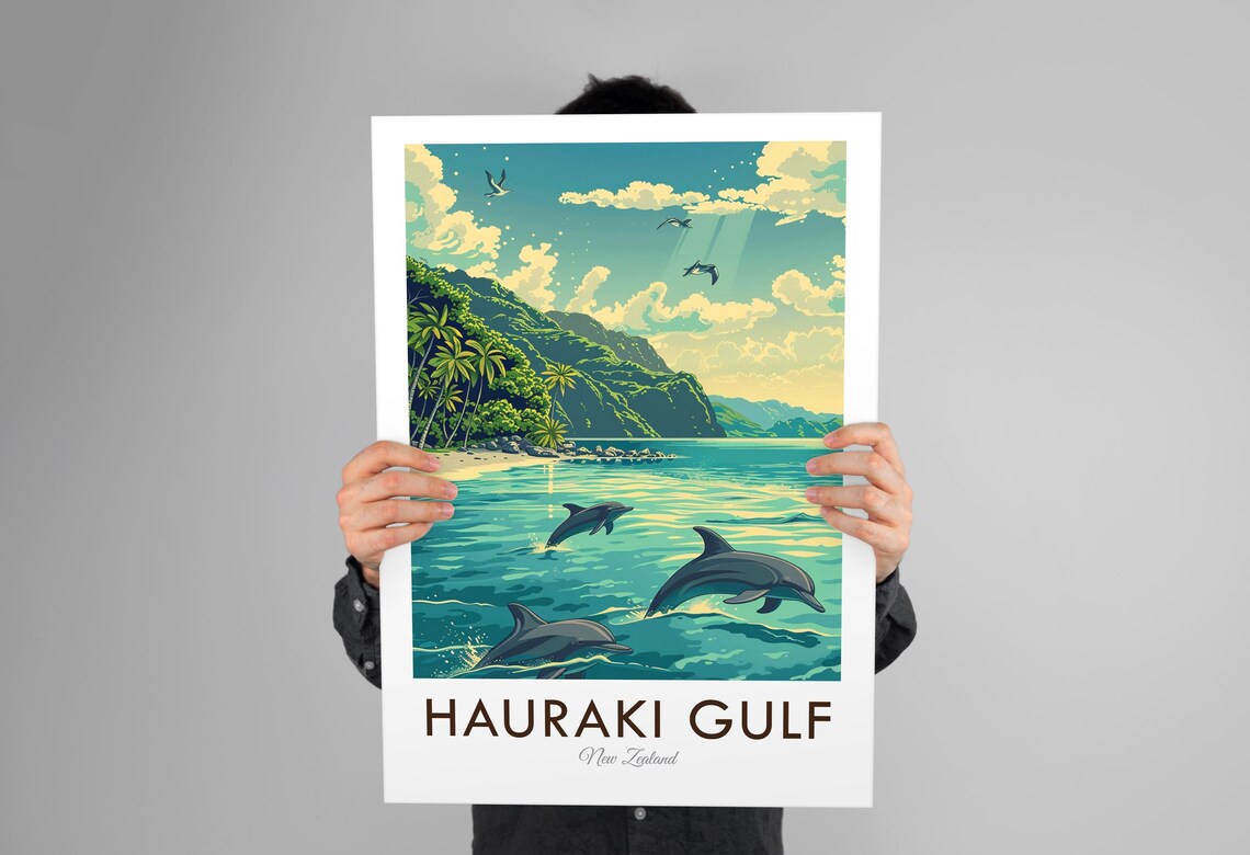 Hauraki Gulf New Zealand Dolphins Beach Cliffs Vintage Travel Poster - Image 3