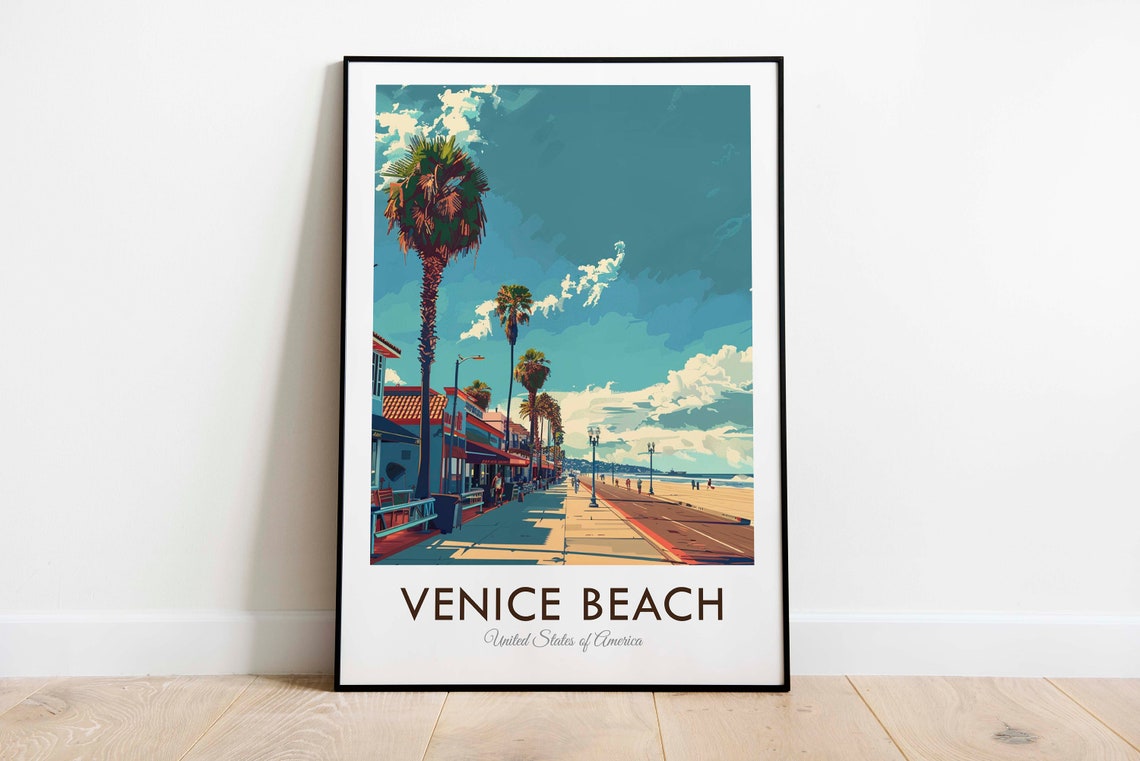 Venice Beach USA Palm Boardwalk Ocean Promenade Retro Art Poster - Image 3