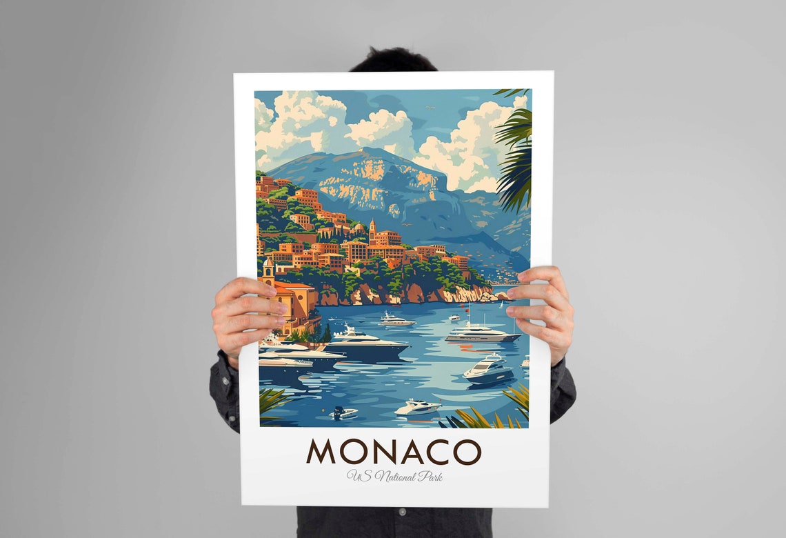 Monaco Bay Yachts And Hilltop Old Town Coastal Scene Travel Poster - Image 3