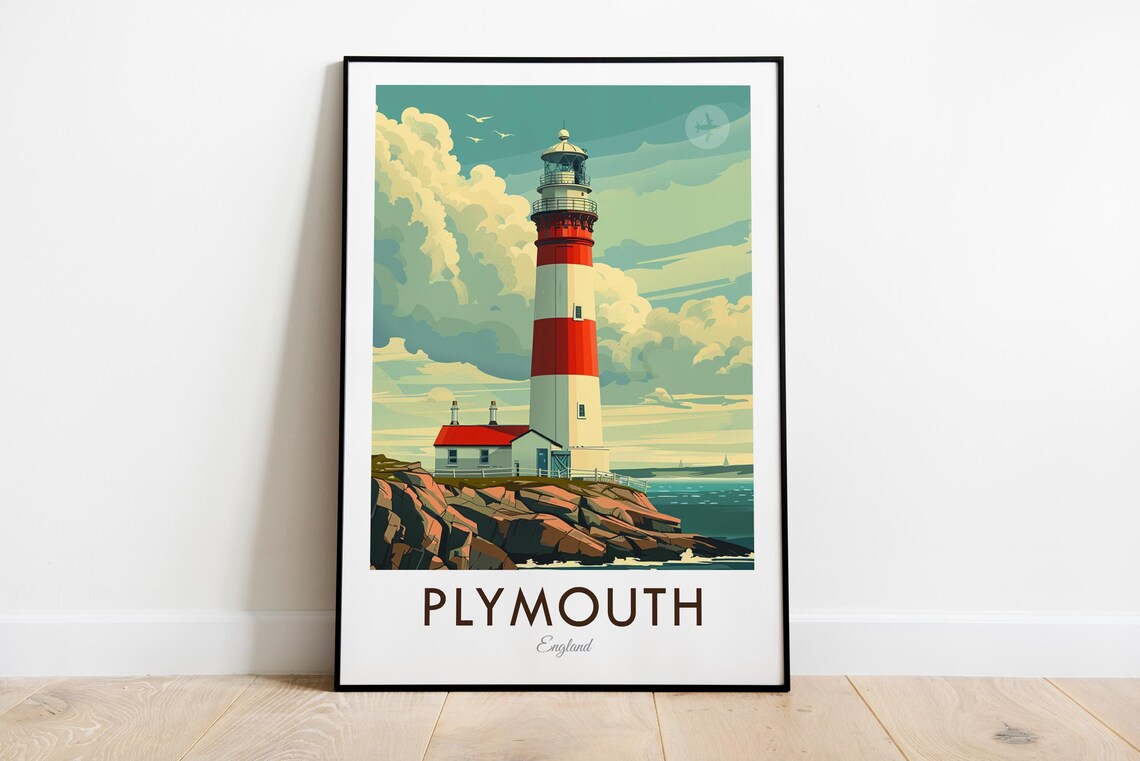 Plymouth England Striped Lighthouse Rocky Coast Vintage Travel Poster