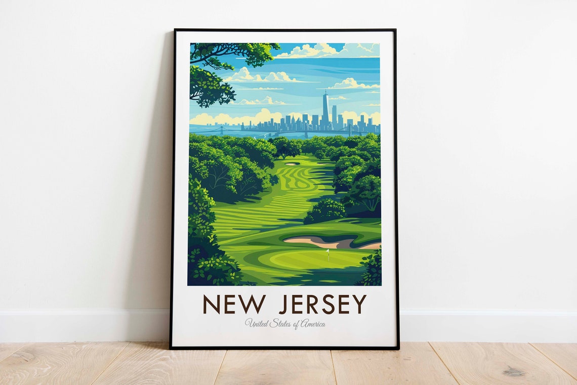 New Jersey New York Skyline Tree Lined Green Golf Course Poster