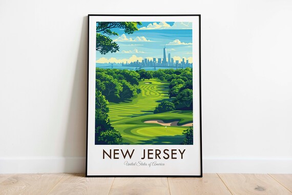 New Jersey Golf Course New York Skyline Usa Vintage Style Travel Print Wall Art Home Decor Wall Hanging Art Lover Gift Decor