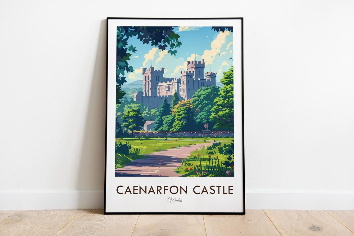 Caenarfon Castle Wales Vintage Travel Illustration Art Poster
