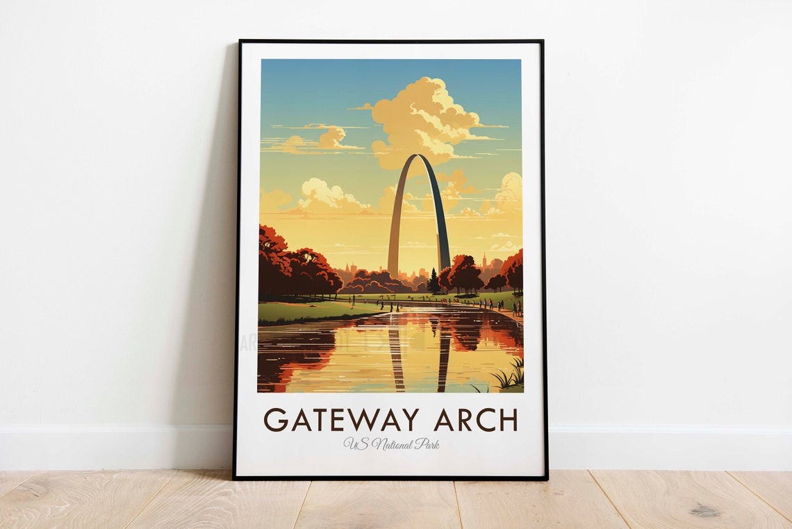 Gateway Arch St Louis Sunset River Reflection Vintage Travel Poster