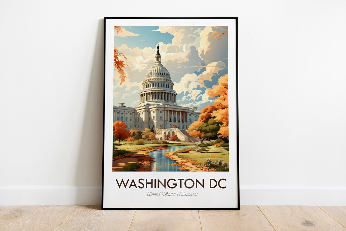 Washington DC US Capitol Autumn Foliage Vintage Illustration Poster