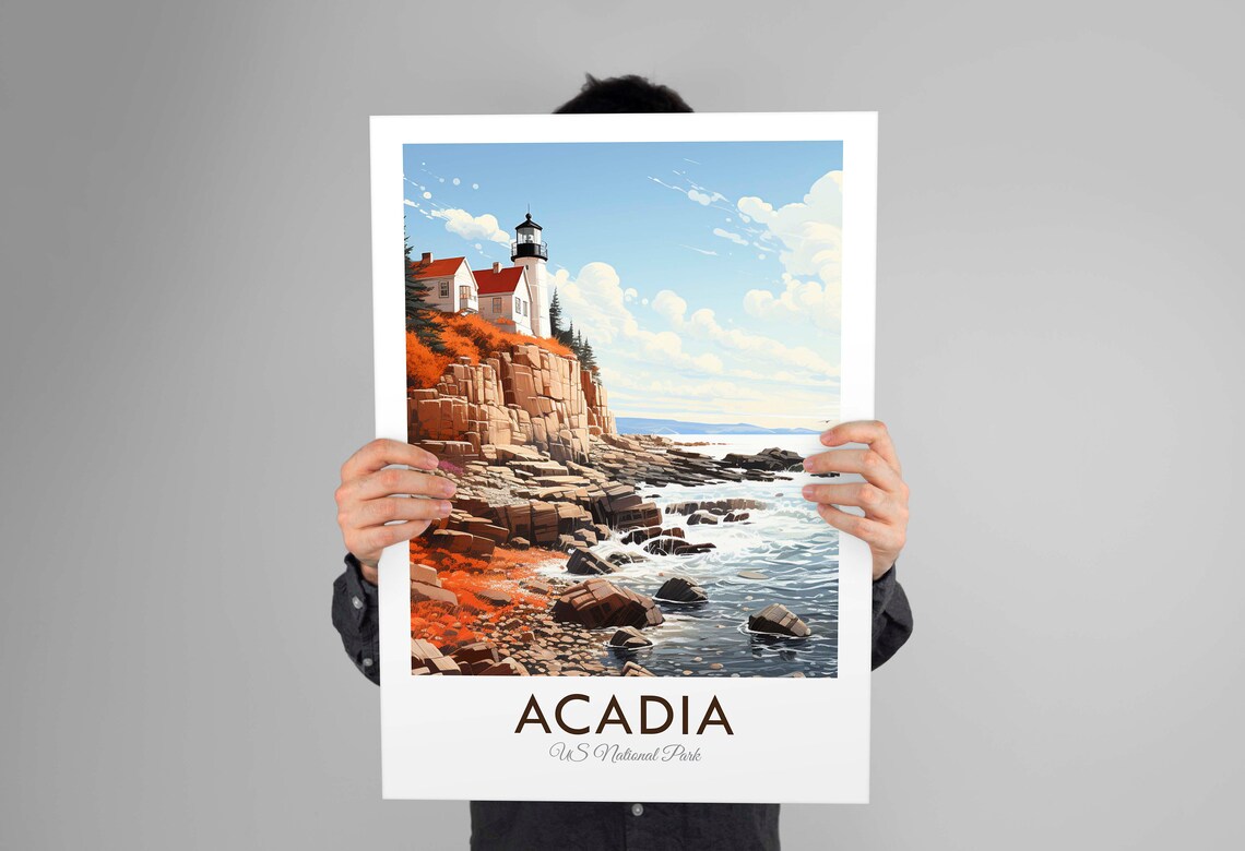 Acadia US National Park Lighthouse Rocky Coast Waves Travel Poster - Image 3