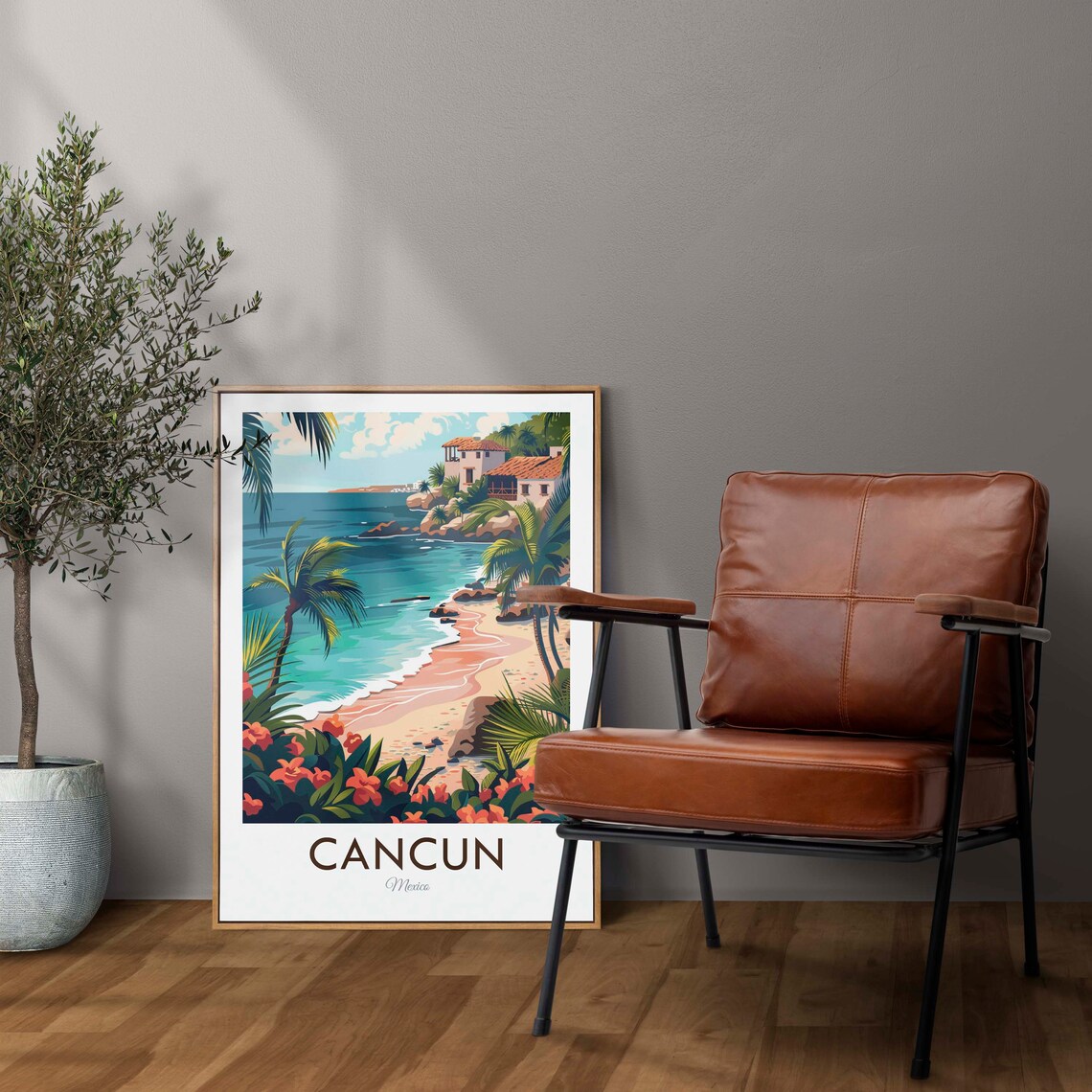 Cancun Mexico Cliffside Resort Cove Palms And Hibiscus Beach Travel Poster - Image 2