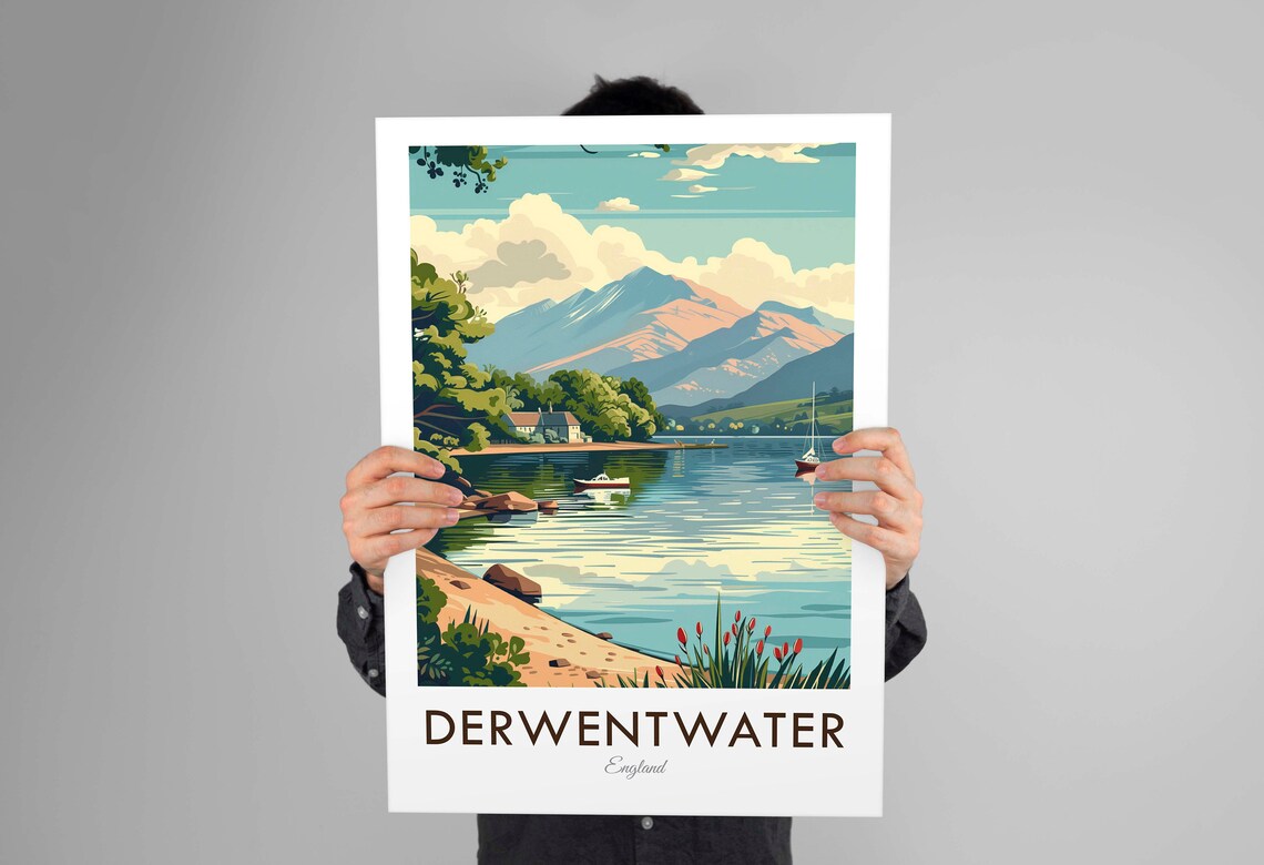 Derwentwater Lake District Lakeshore Boats Mountain View Travel Poster - Image 3