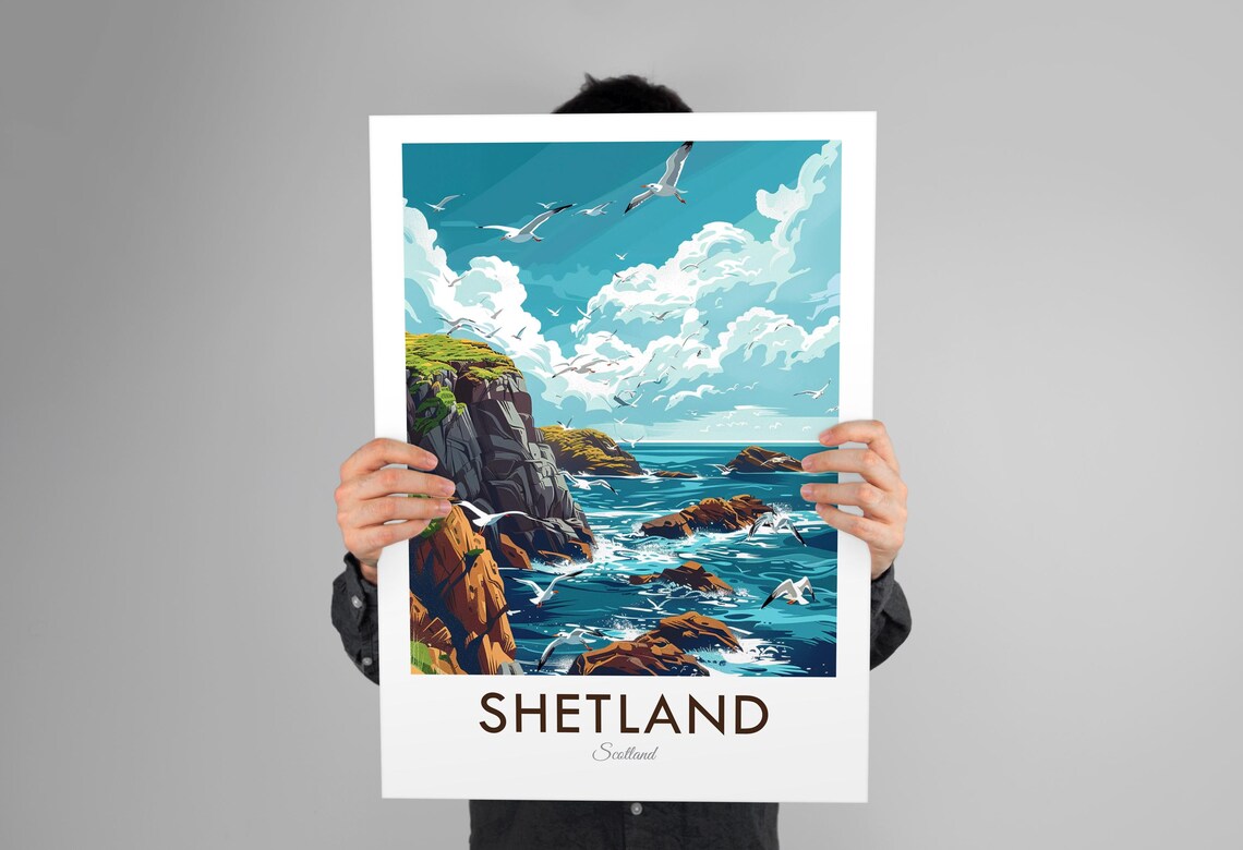 Shetland Scotland Sea Cliffs Seabirds Wild Coast Vintage Travel Poster - Image 3