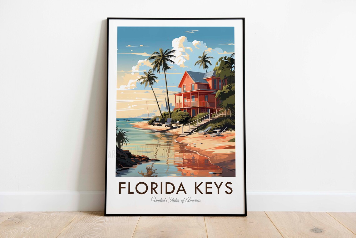 Florida Keys Beach House Palm Trees Sunset Vintage Travel Poster