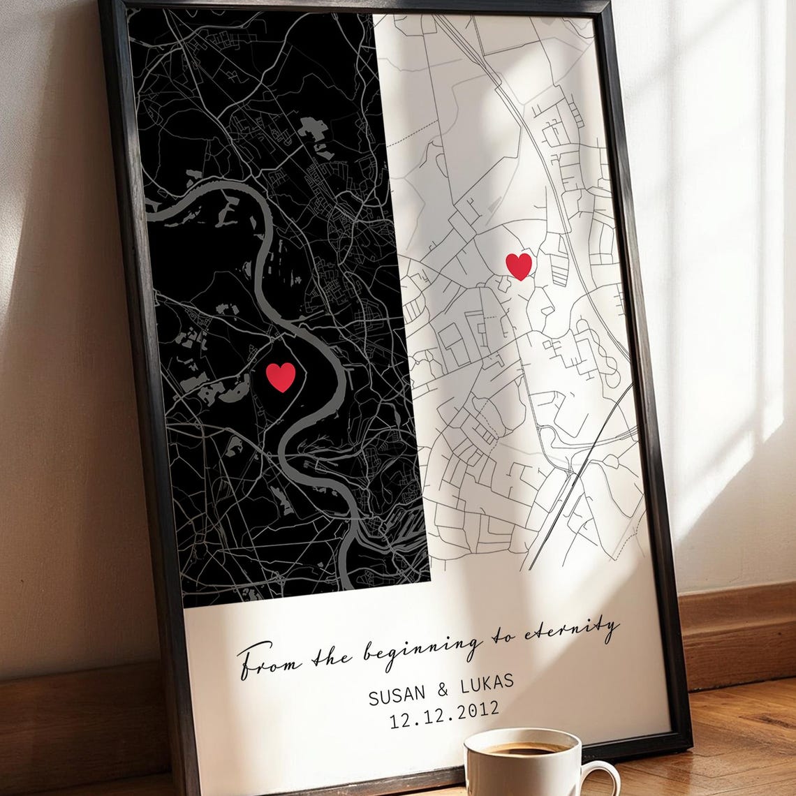Personalized Two Location Couple Map Poster Anniversary Gift Art
