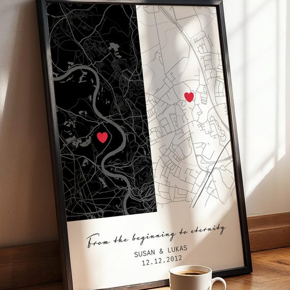 Personalized Map Poster With 2 Locations Quote Custom Couple Gift Anniversary Wedding Engagement Present