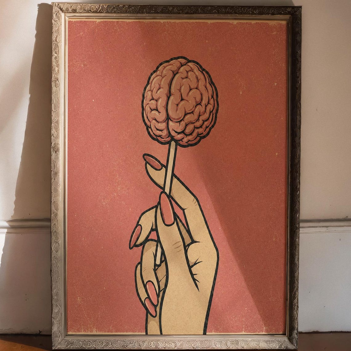 Brain Lollipop Hand Retro Pop Art Surreal Candy Vintage Style Poster