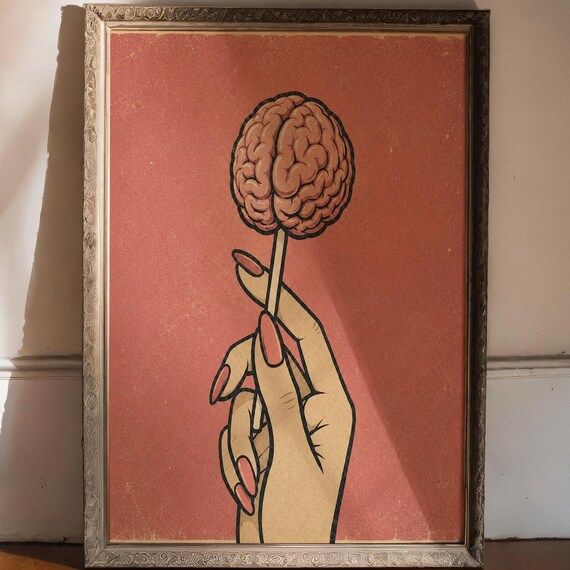 Vintage Brain Lollipop Wall Poster Retro Pop Art Candy Print Surreal Psychology Decor