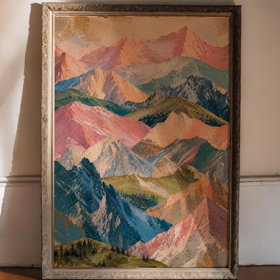 Pastel Alpine Mountain Ranges Textured Impasto Abstract Landscape Poster