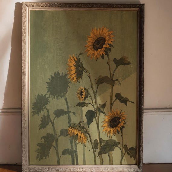 Vintage Sunflower Wall Art Green Botanical Print Rustic Floral Poster Japanese Inspired