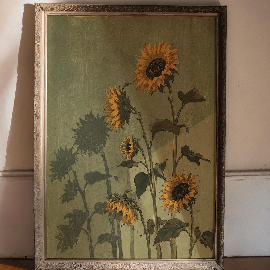 Vintage Sunflowers on Green Background Rustic Floral Art Print