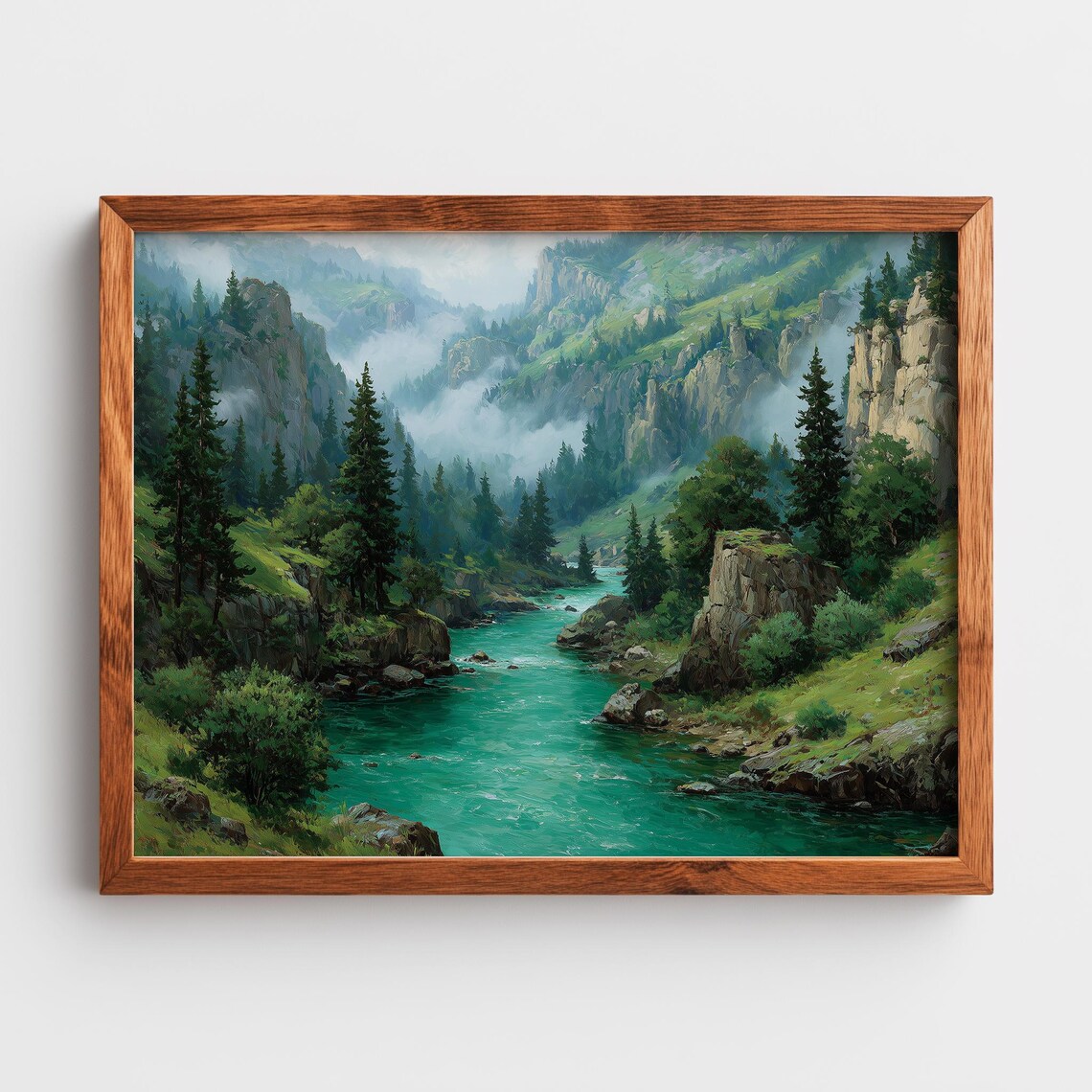 Misty Mountain Canyon River Emerald Valley Landscape Oil Painting Poster
