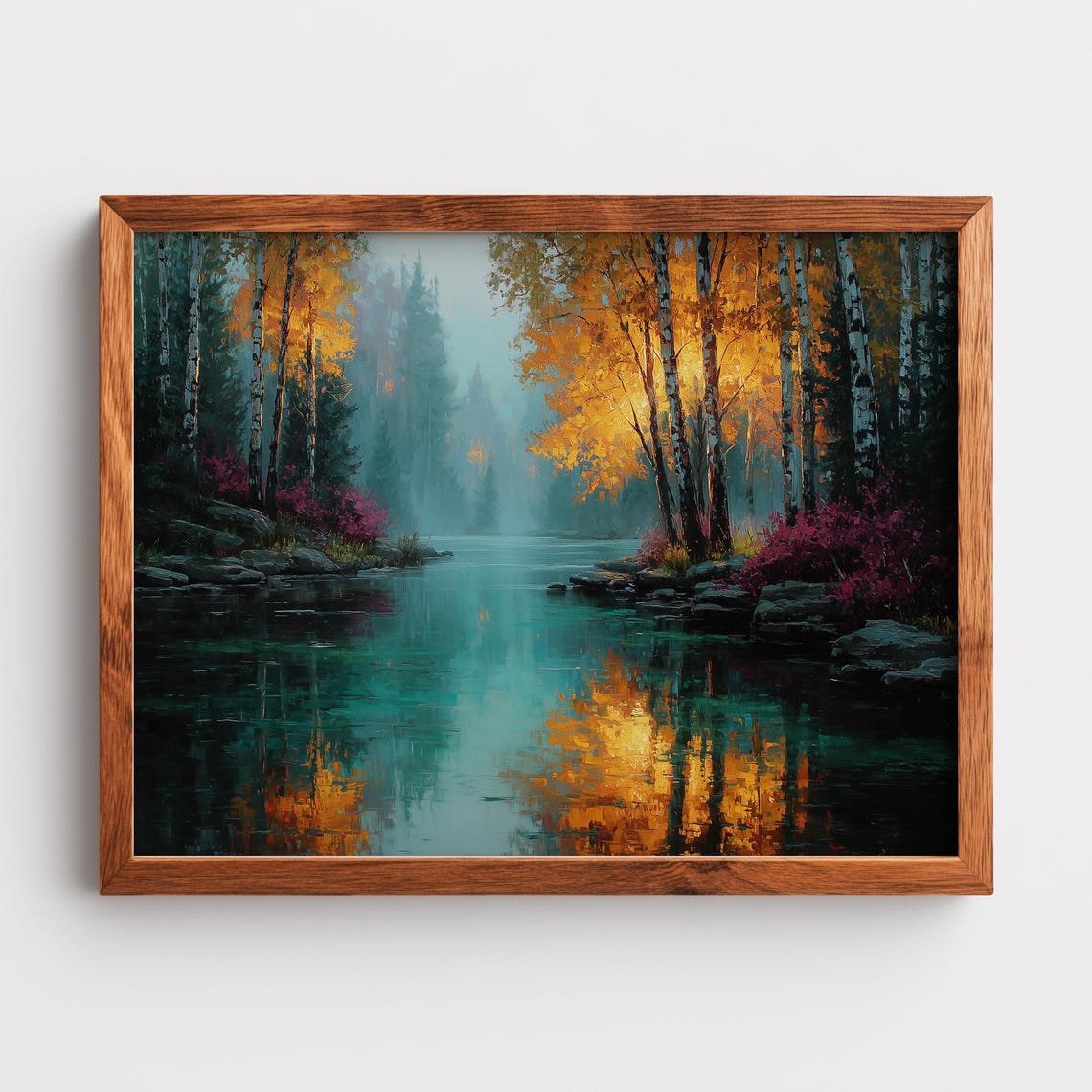 Autumn Birch Forest River Mirror Golden Light Oil Painting Poster