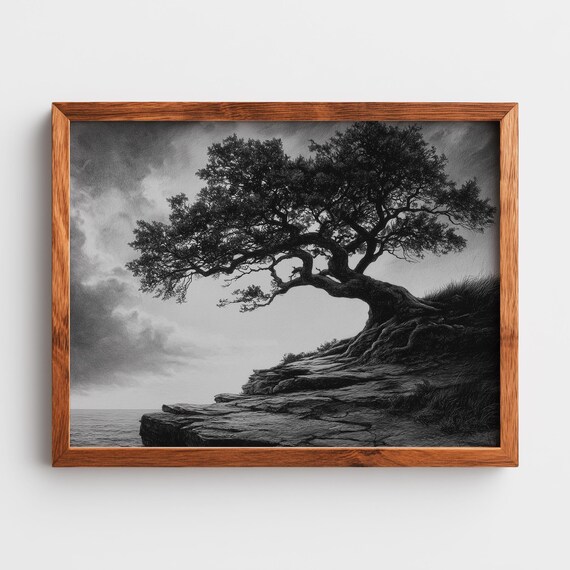 Ancient Oak Tree Charcoal Sketch Moody Black and White Art Poster