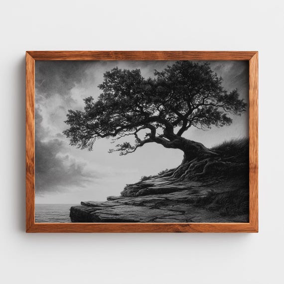 Charcoal Sketch Of Ancient Oak Tree Rustic Landscape Art Moody Black And White Decor Gnarled Roots Vintage Wall Print 37