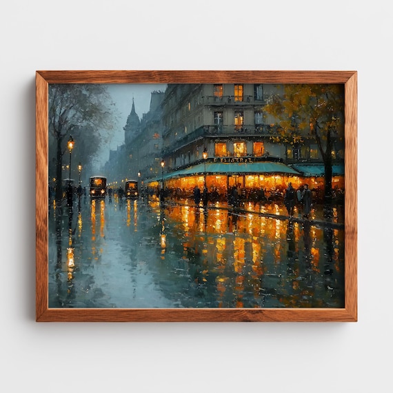 Vintage Paris Street In Autumn Rain Moody Urban Scene Rustic Evening Glow Wall Art Impressionist Cityscape Painting 169