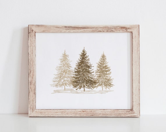 Beige Christmas Tree Print, Vintage Watercolor Art