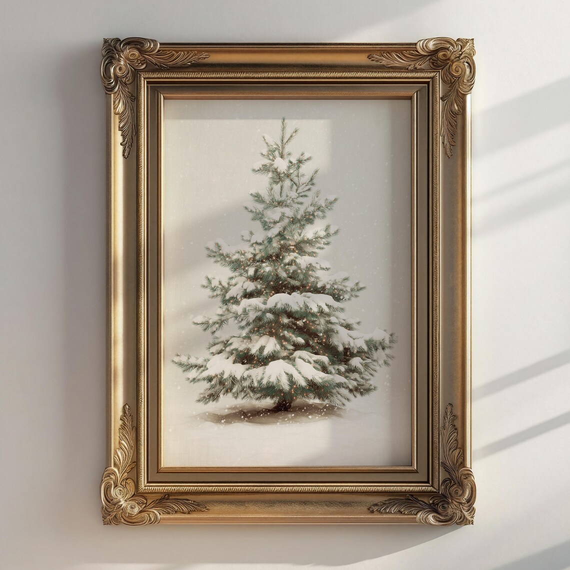 Vintage Snowy Christmas Tree Lights Gold Frame Classic Art Poster