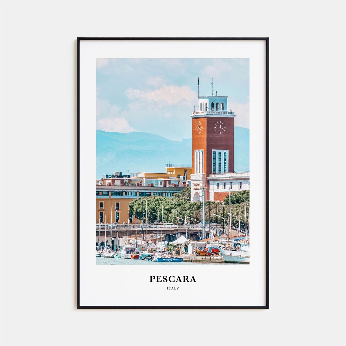 Pescara Italy Harbor Clock Tower And Boats Marina View Travel Poster