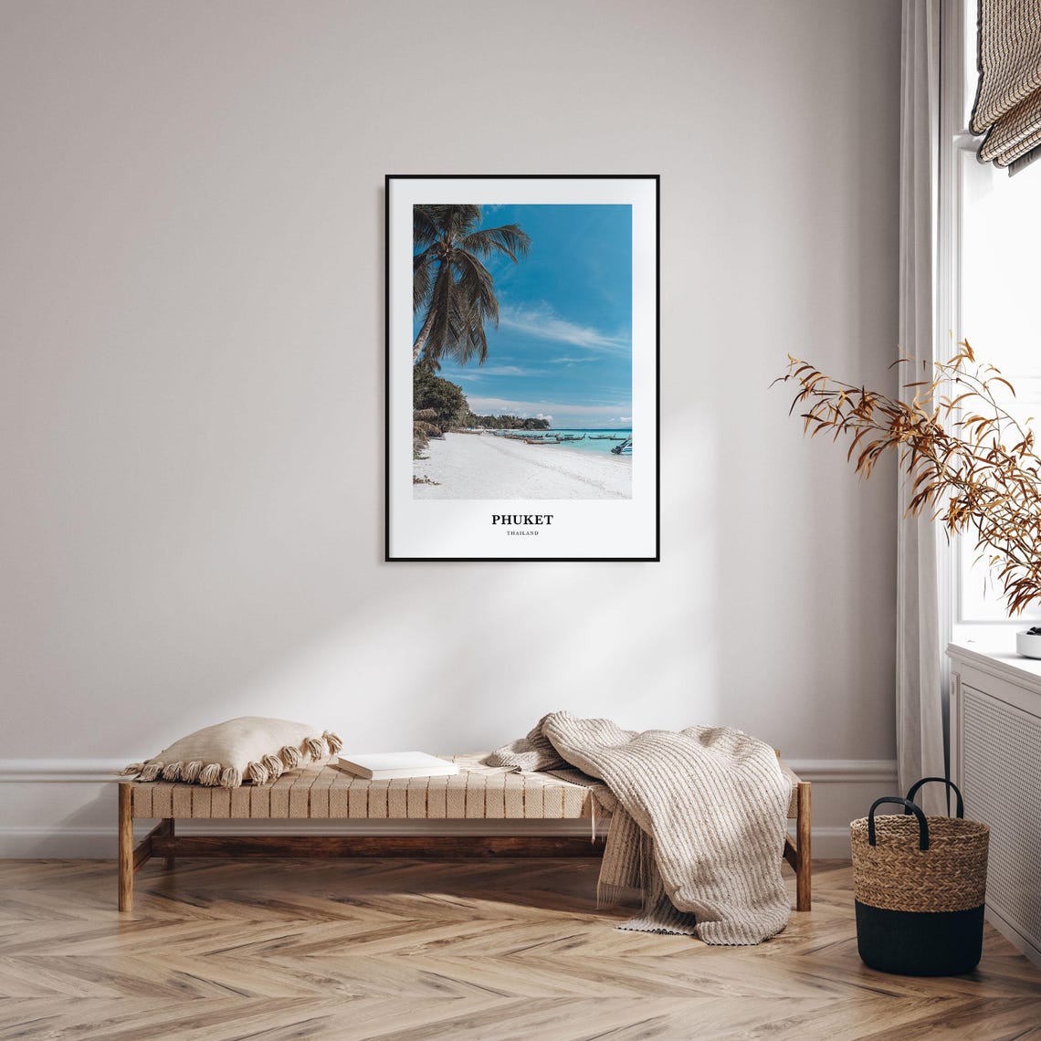 Phuket Thailand White Sand Beach Palms Longtail Boats Poster - Image 3