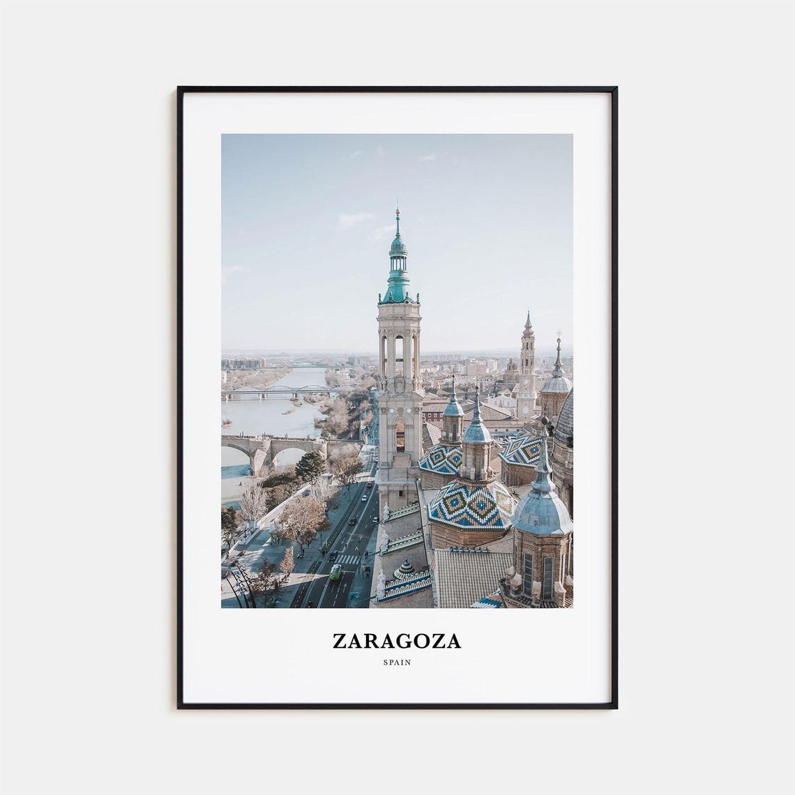 Zaragoza Spain Basilica Tiled Domes Ebro River Travel Poster