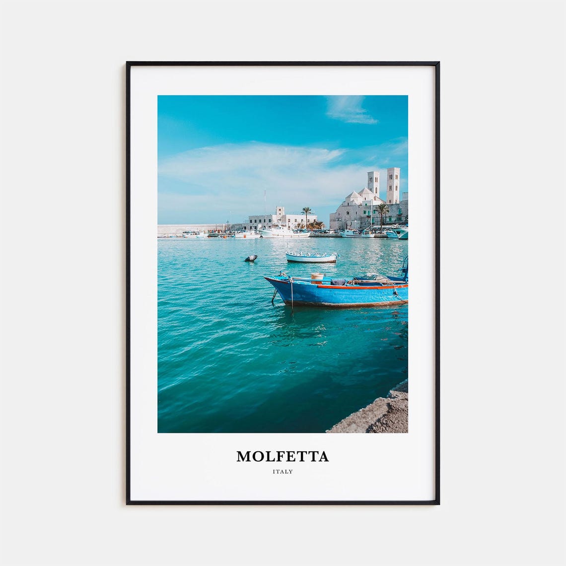 Molfetta Italy Harbor Blue Boats Coastal Bright Photography Print