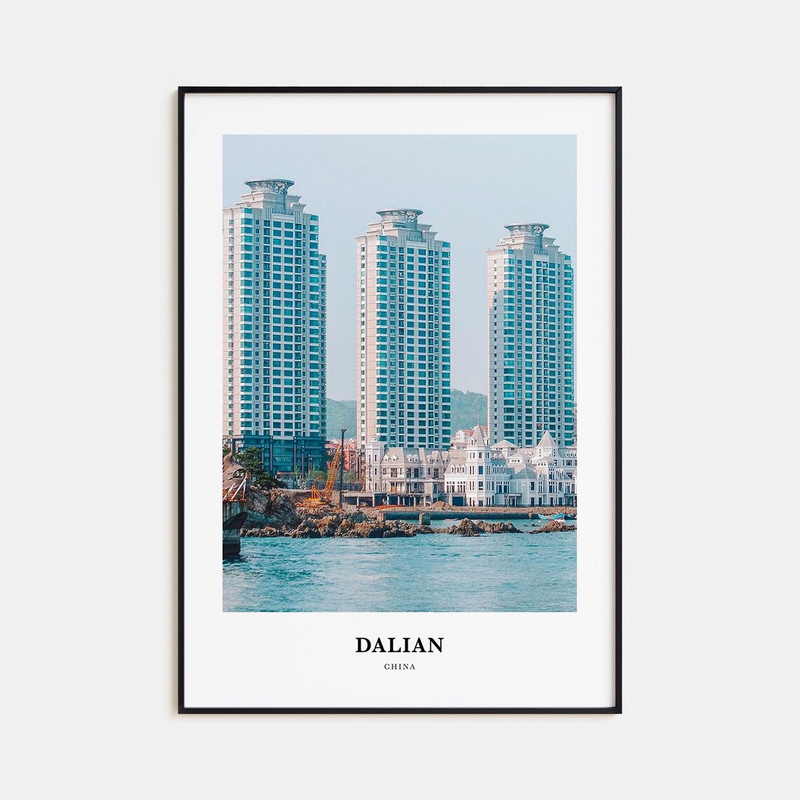 Dalian China Waterfront Skyline Towers Over the Bay Travel Poster