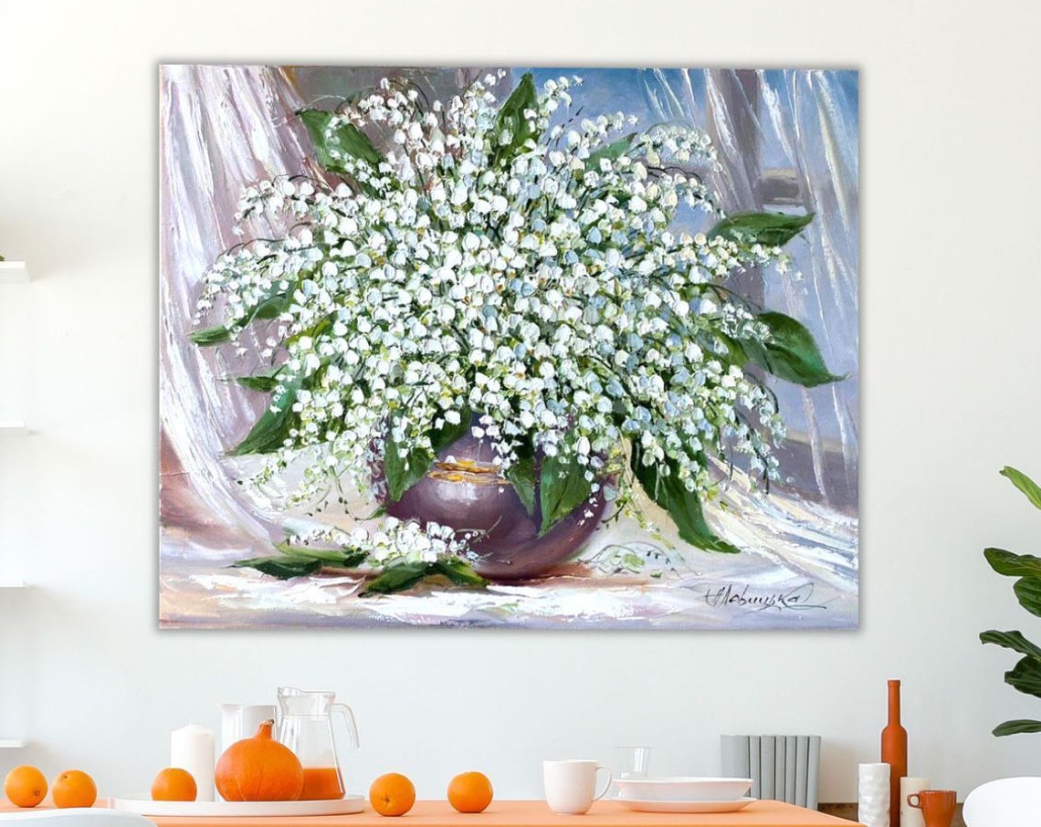 Lily Of The Valley Oil Painting Original Spring Flowers Art Green Botanical Wall Decor Bouquet In Vase Impasto Flowers Painting On - Image 3