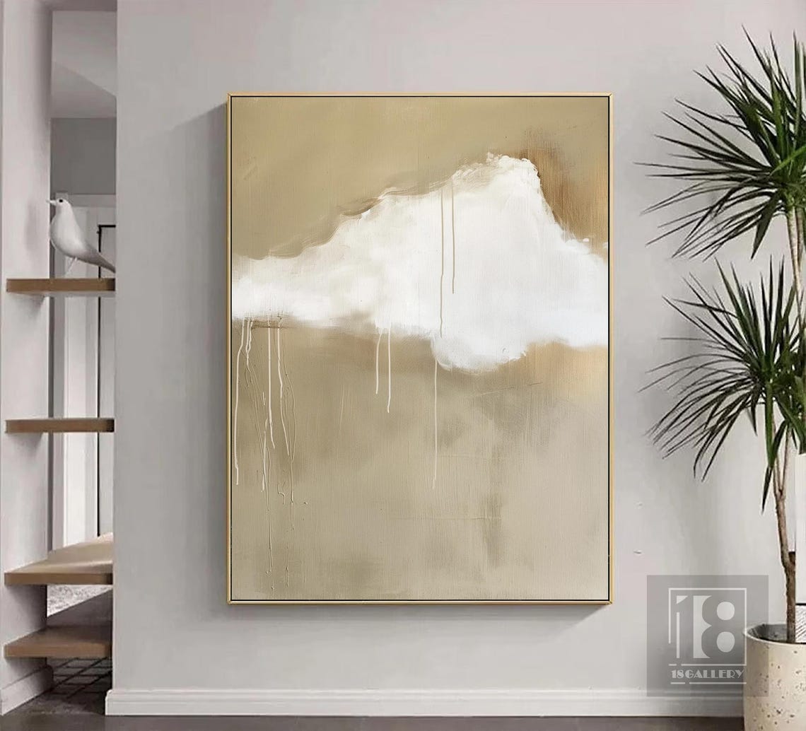 Large White Cloud Wall Art Original Cloud Oil Painting White Cloud Abstract Painting On Beige Sky Painting For Living Room Wall Art - Image 5