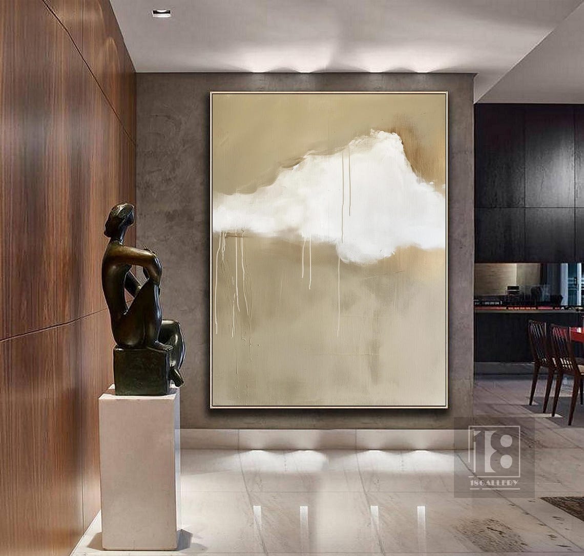 Large White Cloud Wall Art Original Cloud Oil Painting White Cloud Abstract Painting On Beige Sky Painting For Living Room Wall Art - Image 4