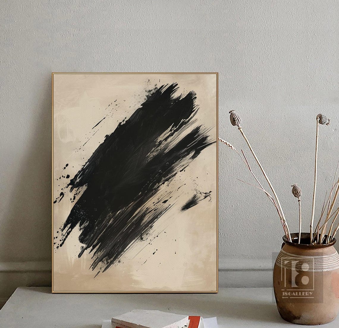 Bold Diagonal Black Brushstrokes on Warm Beige Abstract Poster - Image 4