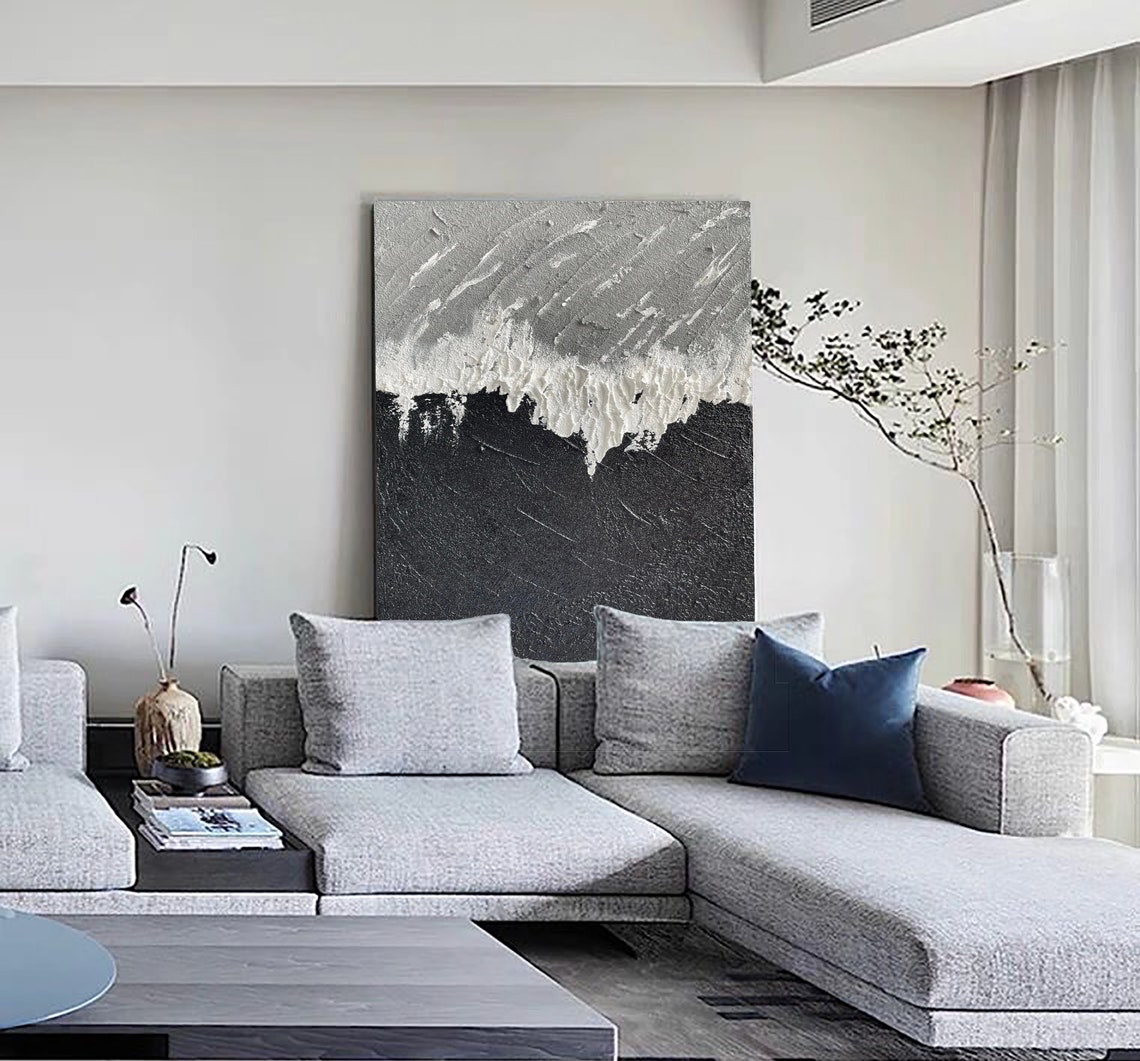 Black And White Minimalist Painting Gray White 3d Textured Wall Art Abstract Painting On Wabi Sabi Wall Art For Entrance Wall Art - Image 2