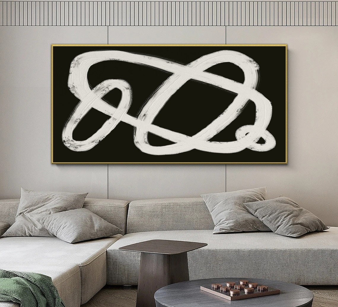 White Continuous Line Loops On Black Abstract Modern Art Poster - Image 2