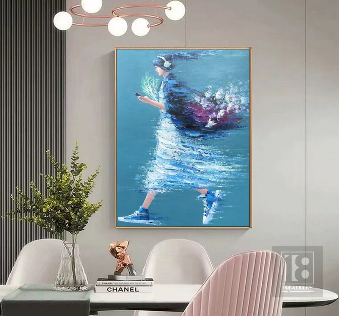 Woman With Headphones Walking Teal Impressionist Figure Painting Poster - Image 4