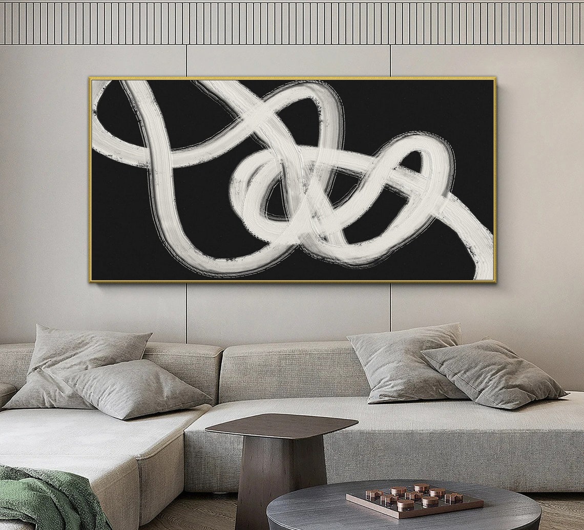White Tangled Knot Brushstrokes On Black Abstract Art Poster - Image 2