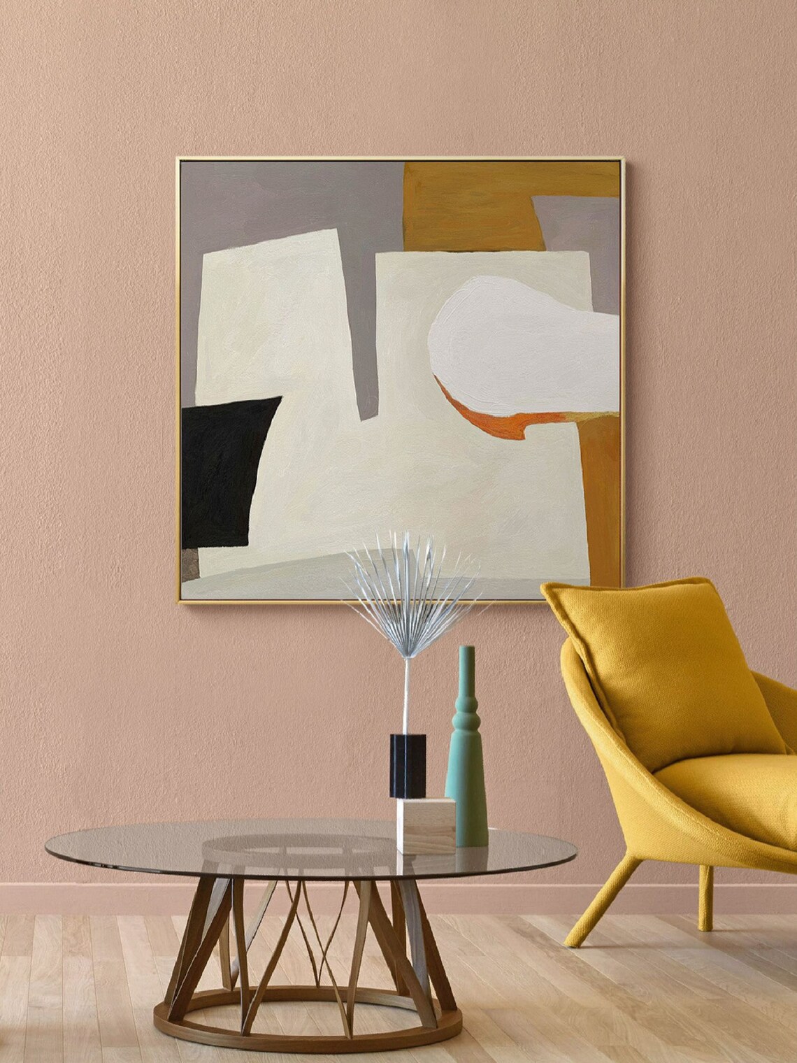 Mid Century Cream Mustard Black Color Block Gallery Abstract Poster - Image 3