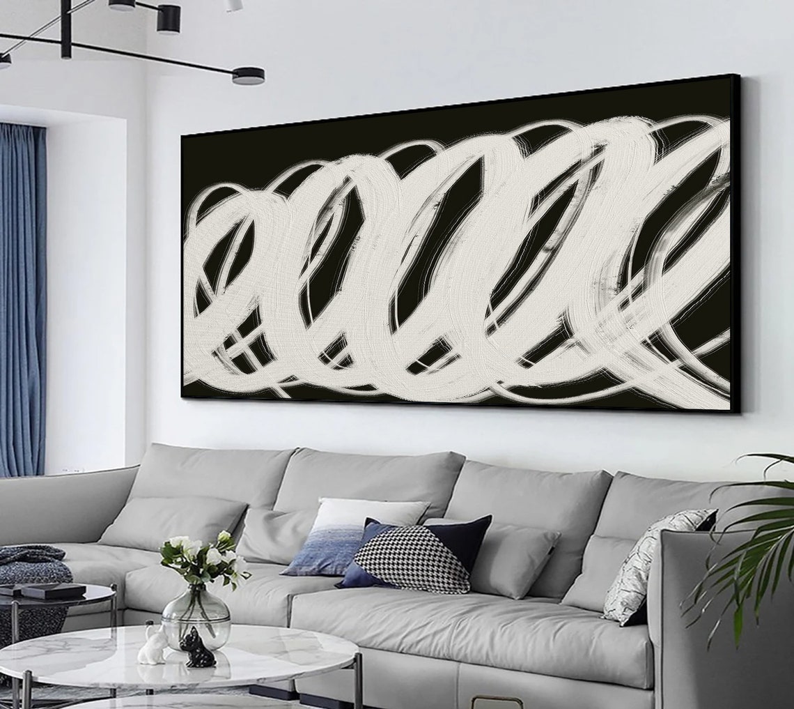 White Bold Brush Swirls On Black Abstract Modern Dramatic Art Poster - Image 4