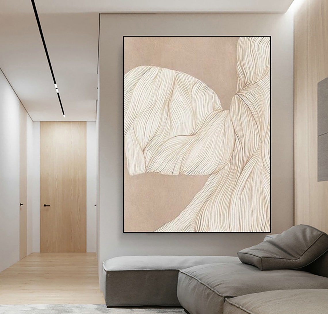 Modern Beige Flowing Ribbon Line Art Abstract Textured Poster - Image 3